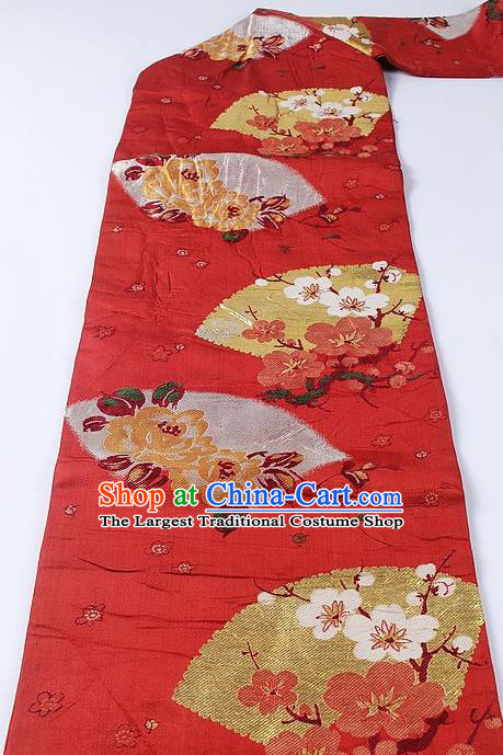 Japanese Traditional Yukata Accessories Classical Plum Peony Pattern Red Brocade Belt Asian Japan Kimono Waistband for Women