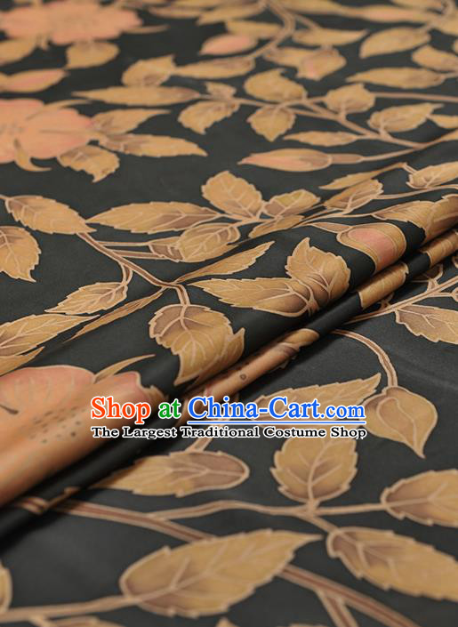 Chinese Traditional Classical Leaf Pattern Design Black Gambiered Guangdong Gauze Asian Brocade Silk Fabric