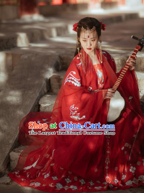 Chinese Ancient Tang Dynasty Wedding Red Hanfu Dress Traditional Bride Embroidered Replica Costume for Women
