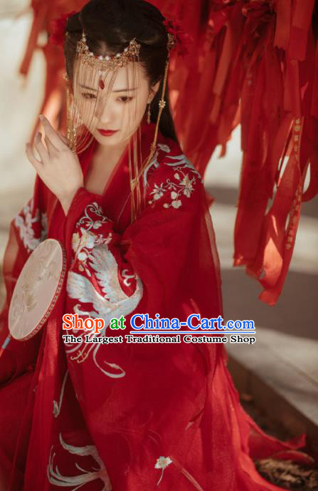 Chinese Ancient Tang Dynasty Wedding Red Hanfu Dress Traditional Bride Embroidered Replica Costume for Women