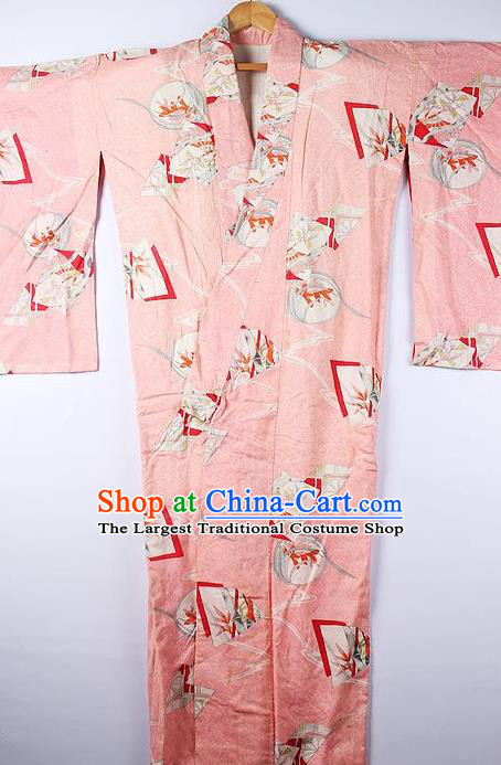 Asian Japanese National Printing Pink Furisode Kimono Ceremony Costume Traditional Japan Yukata Dress for Women