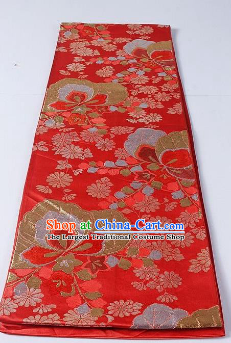Asian Japanese Yukata Accessories Classical Daisy Pattern Red Brocade Belt Japan Traditional Kimono Waistband for Women