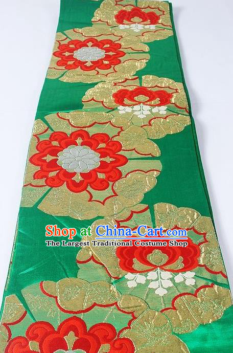Asian Japanese Yukata Accessories Classical Peony Pattern Green Brocade Belt Japan Traditional Kimono Waistband for Women