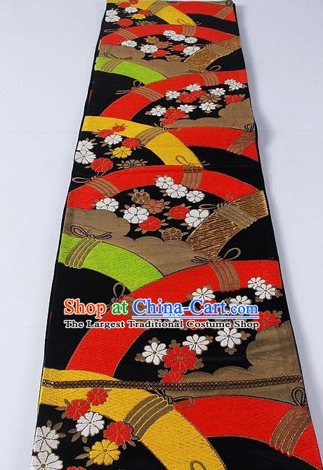 Asian Japanese Yukata Accessories Classical Daisy Pattern Black Brocade Belt Japan Traditional Kimono Waistband for Women