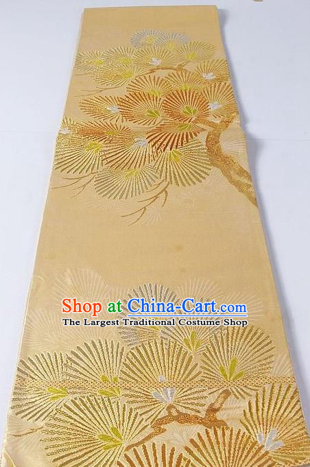 Asian Japanese Yukata Accessories Classical Pine Pattern Golden Brocade Belt Japan Traditional Kimono Waistband for Women