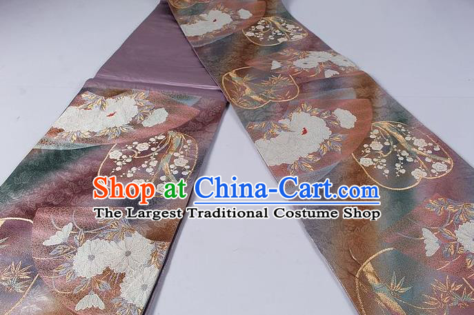 Asian Japanese Classical Peony Pattern Purple Brocade Waistband Kimono Accessories Traditional Yukata Belt for Women