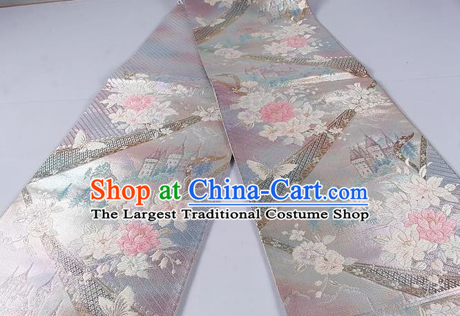 Asian Japanese Classical Peony Pattern Grey Brocade Waistband Kimono Accessories Traditional Yukata Belt for Women