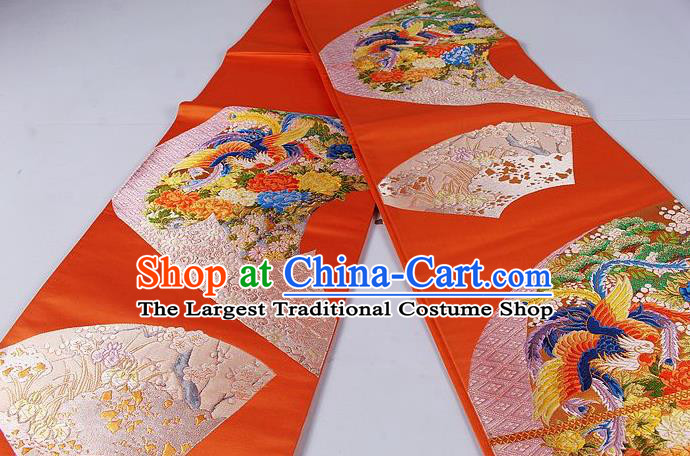 Asian Japanese Classical Phoenix Peony Pattern Orange Brocade Waistband Kimono Accessories Traditional Yukata Belt for Women