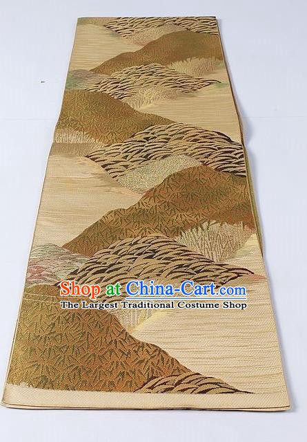 Asian Japanese Yukata Accessories Classical Bamboo Leaf Pattern Golden Brocade Belt Japan Traditional Kimono Waistband for Women
