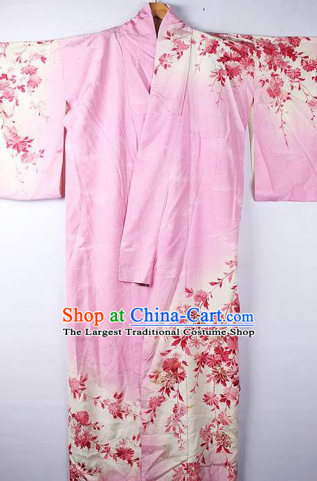 Asian Japanese National Printing Flowers Pink Furisode Kimono Ceremony Costume Traditional Japan Yukata Dress for Women