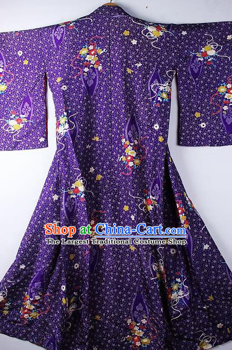 Asian Japanese National Printing Deep Purple Furisode Kimono Ceremony Costume Traditional Japan Yukata Dress for Women