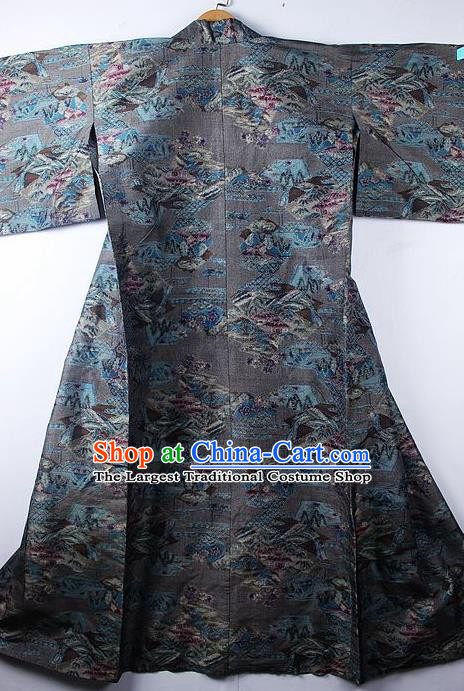Asian Japanese Printing Grey Furisode Kimono Ceremony Costume Traditional Japan Yukata Dress for Women