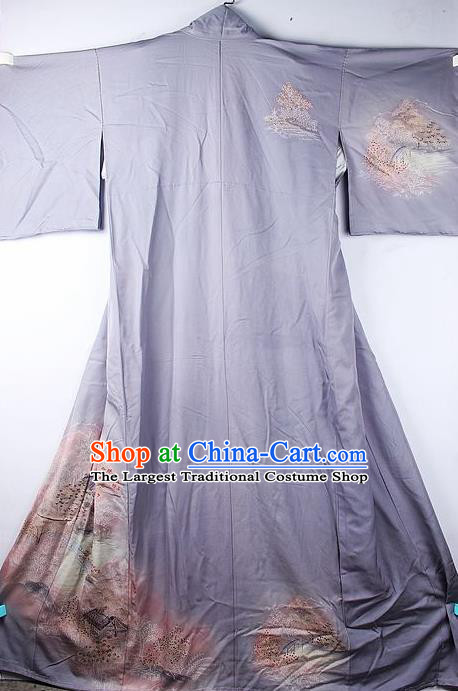 Asian Japanese National Iromuji Printing Lilac Furisode Kimono Ceremony Costume Traditional Japan Yukata Dress for Women