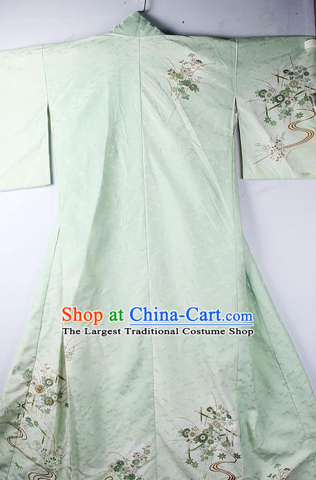 Asian Japanese National Iromuji Printing Green Furisode Kimono Ceremony Costume Traditional Japan Yukata Dress for Women