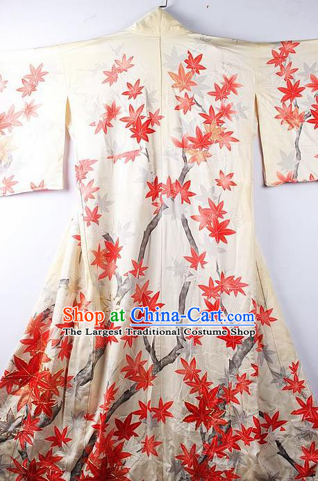 Asian Japanese National Iromuji Printing Red Maple Leaf Furisode Kimono Ceremony Costume Traditional Japan Yukata Dress for Women