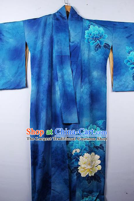 Asian Japanese Palace Peony Pattern Deep Blue Furisode Kimono Traditional Japan Yukata Dress for Women