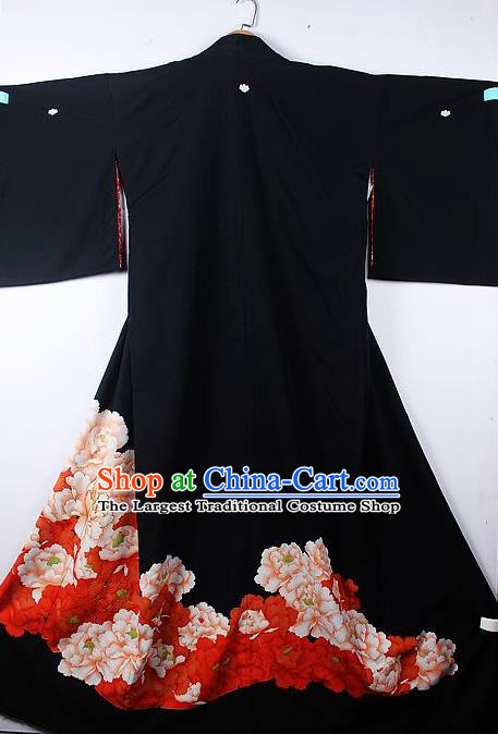 Asian Japanese Palace Peony Pattern Black Furisode Kimono Traditional Japan Yukata Dress for Women
