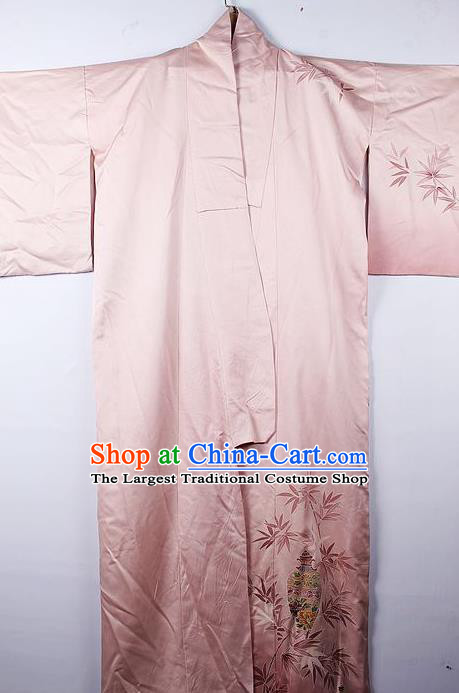 Asian Japanese Palace Bamboo Leaf Pattern Pink Furisode Kimono Traditional Japan Yukata Dress for Women
