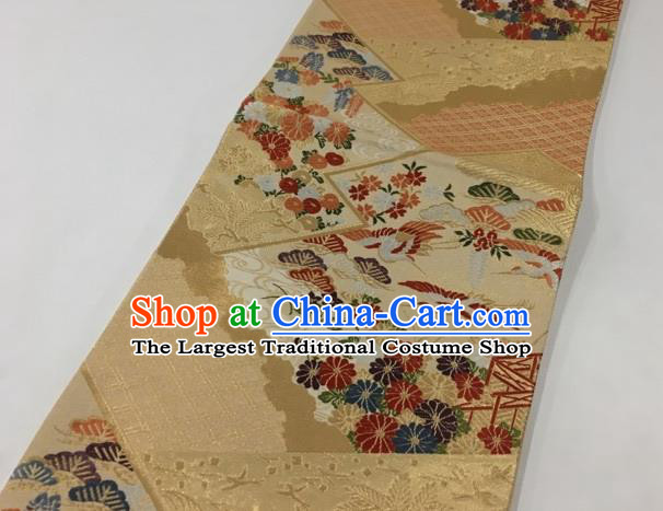 Japanese Traditional Classical Crane Cornflower Pattern Golden Waistband Kimono Brocade Accessories Asian Japan Yukata Belt for Women