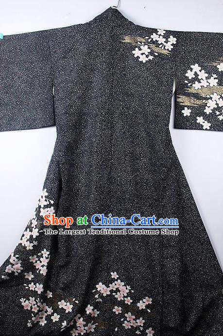 Asian Japanese Palace Pentas Pattern Black Furisode Kimono Traditional Japan Yukata Dress for Women