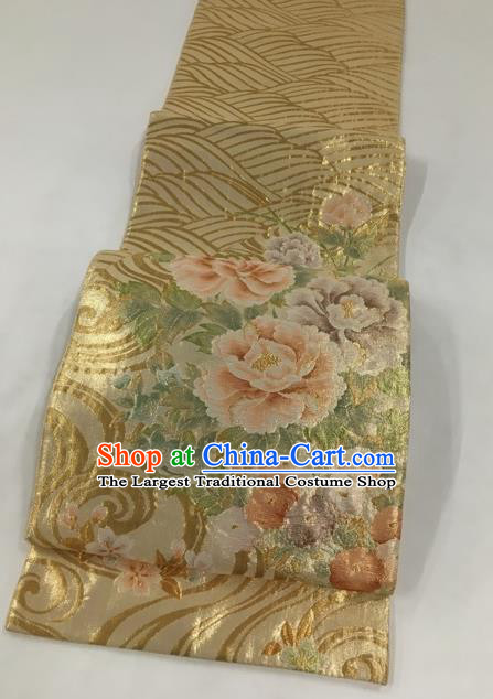 Japanese Traditional Classical Peony Pattern Golden Waistband Kimono Brocade Accessories Asian Japan Yukata Belt for Women