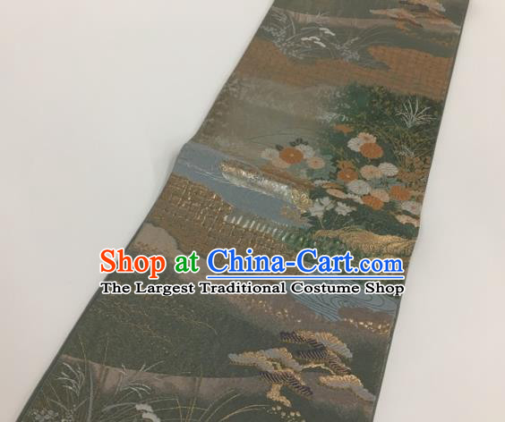Japanese Traditional Classical Cornflowers Pattern Deep Grey Waistband Kimono Brocade Accessories Asian Japan Yukata Belt for Women