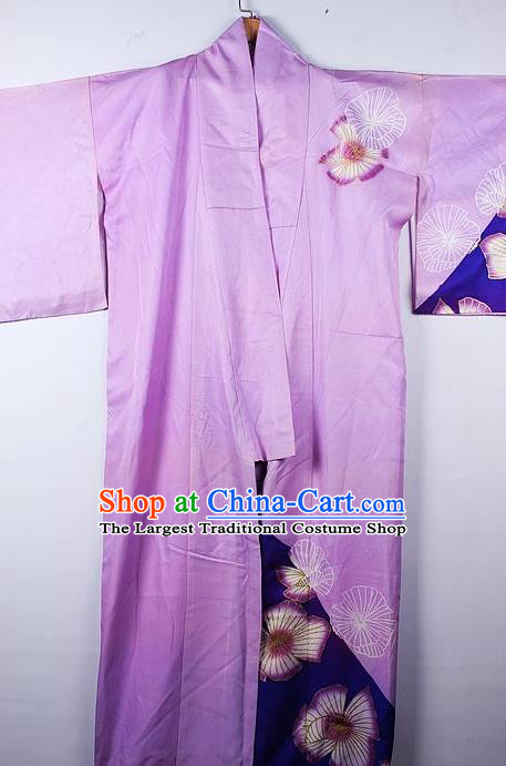 Asian Japanese Palace Phalaenopsis Pattern Purple Furisode Kimono Traditional Japan Yukata Dress for Women
