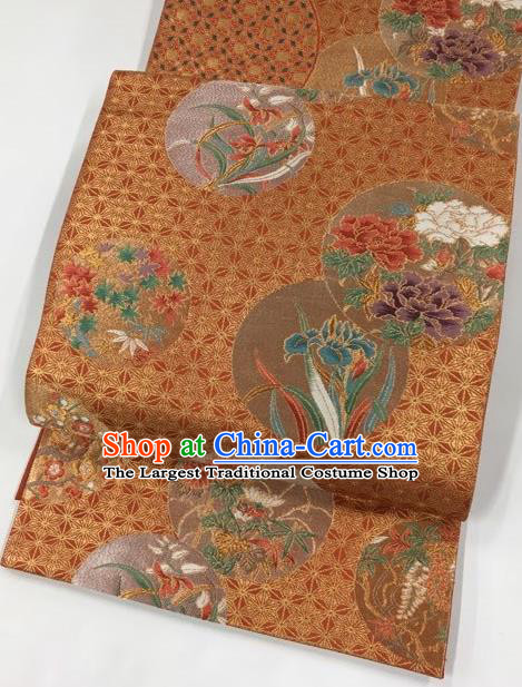 Japanese Traditional Classical Orchid Pattern Rust Red Waistband Kimono Brocade Accessories Asian Japan Yukata Belt for Women