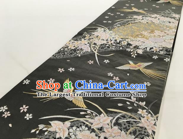 Japanese Traditional Classical Phoenix Orchid Pattern Black Waistband Kimono Brocade Accessories Asian Japan Yukata Belt for Women