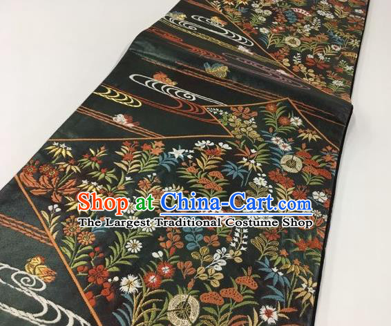Japanese Traditional Classical Daffodil Sakura Pattern Black Waistband Kimono Brocade Accessories Asian Japan Yukata Belt for Women