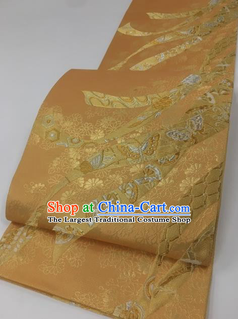 Japanese Traditional Classical Butterfly Pattern Golden Waistband Kimono Brocade Accessories Asian Japan Yukata Belt for Women