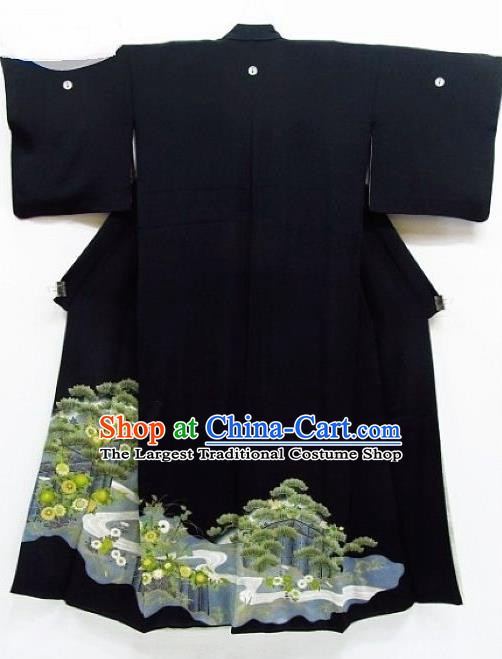 Asian Japanese Samurai Classical Pine Cornflower Pattern Black Yukata Robe Traditional Japan Kimono Costume for Men