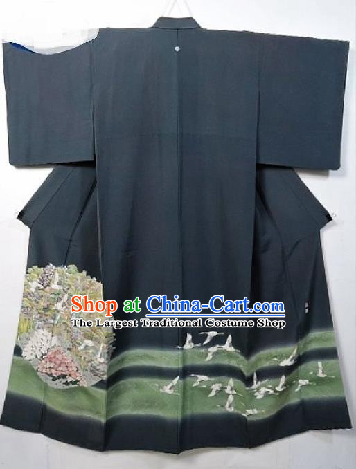 Asian Japanese Samurai Classical Hydrangea Crane Pattern Grey Yukata Robe Traditional Japan Kimono Costume for Men