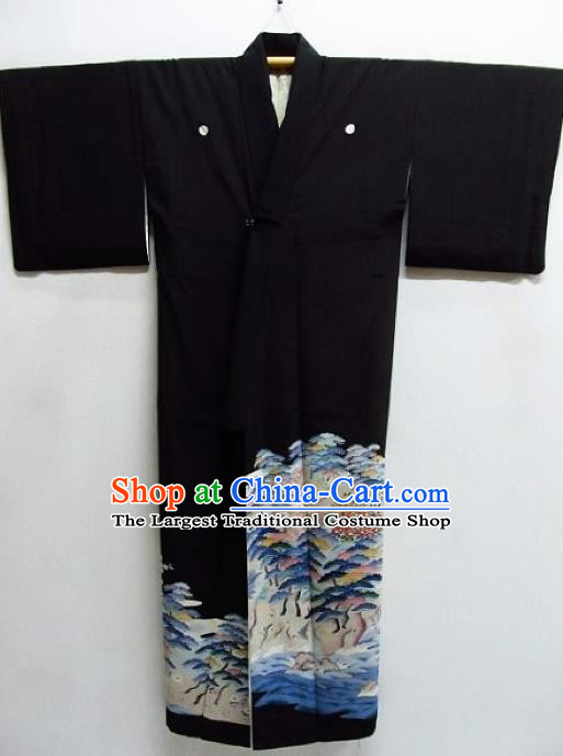 Asian Japanese Samurai Classical Pattern Black Yukata Robe Traditional Japan Kimono Costume for Men