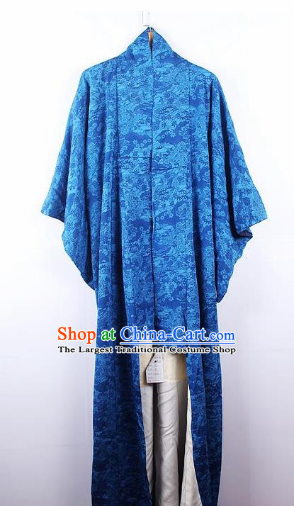 Asian Japanese Ceremony Palace Printing Blue Kimono Traditional Japan Yukata Dress for Women