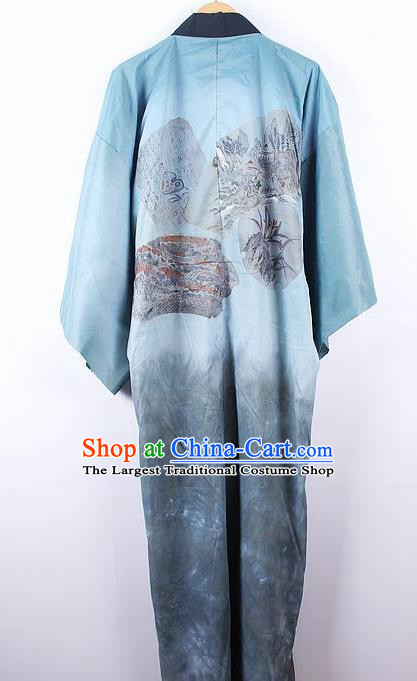 Asian Japanese Samurai Classical Pattern Blue Yukata Robe Traditional Japan Kimono Costume for Men