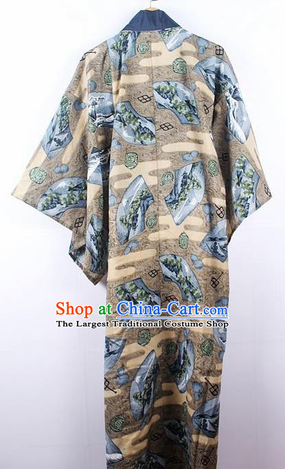 Asian Japanese Samurai Classical Pattern Khaki Yukata Robe Traditional Japan Kimono Costume for Men