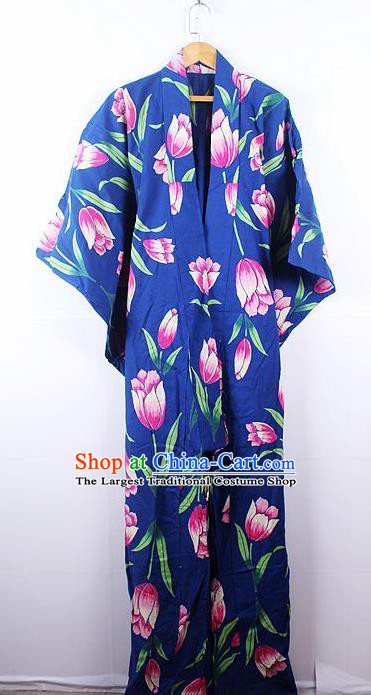 Asian Japanese Ceremony Printing Tulip Blue Kimono Dress Traditional Japan Yukata Costume for Women