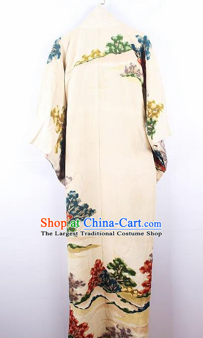 Asian Japanese Ceremony Printing Beige Kimono Dress Traditional Japan Yukata Costume for Women