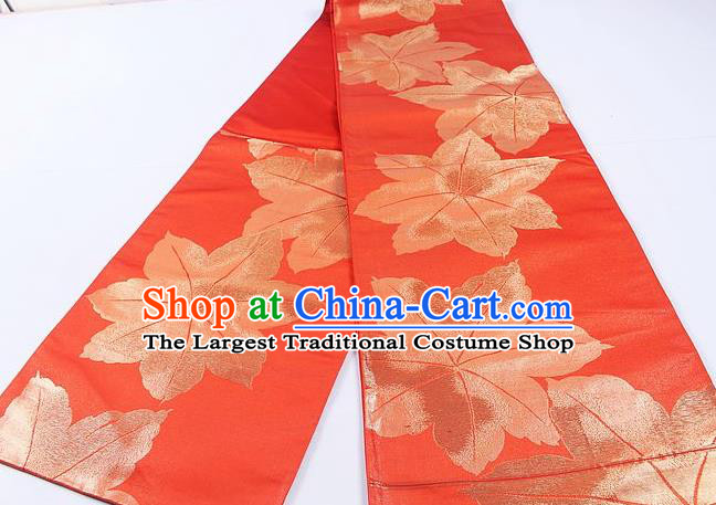 Japanese Traditional Classical Maple Leaf Pattern Red Waistband Kimono Brocade Accessories Asian Japan Yukata Belt for Women