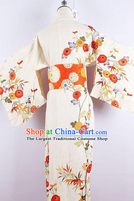 Asian Japanese Ceremony Printing Chrysanthemum Beige Kimono Dress Traditional Japan Yukata Costume for Women