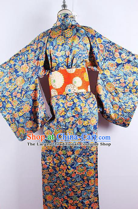 Asian Japanese Ceremony Printing Flowers Blue Kimono Dress Traditional Japan Yukata Costume for Women