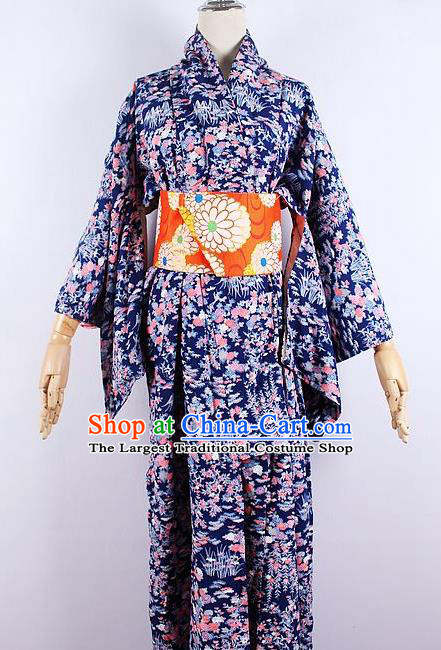 Asian Japanese Ceremony Printing Royalblue Kimono Dress Traditional Japan Yukata Costume for Women