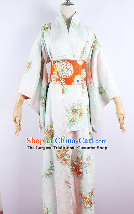 Asian Japanese Ceremony Printing Primrose White Kimono Dress Traditional Japan Yukata Costume for Women