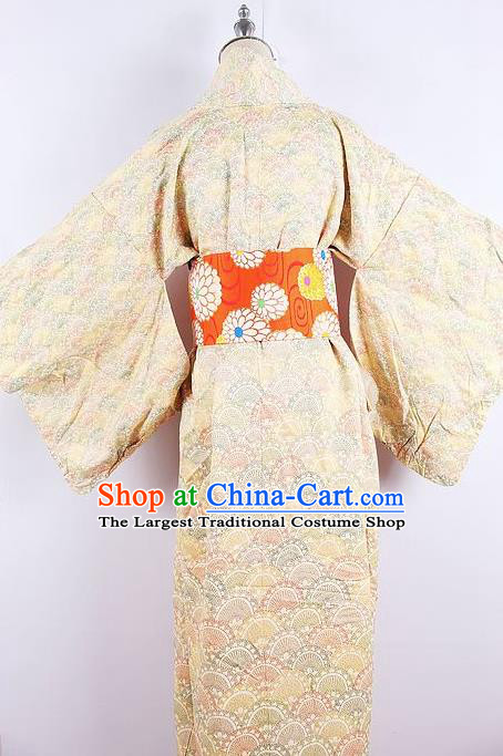 Asian Japanese Ceremony Printing Yellow Kimono Dress Traditional Japan Yukata Costume for Women