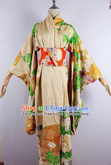 Asian Japanese Ceremony Printing Peony Kimono Dress Traditional Japan Yukata Costume for Women