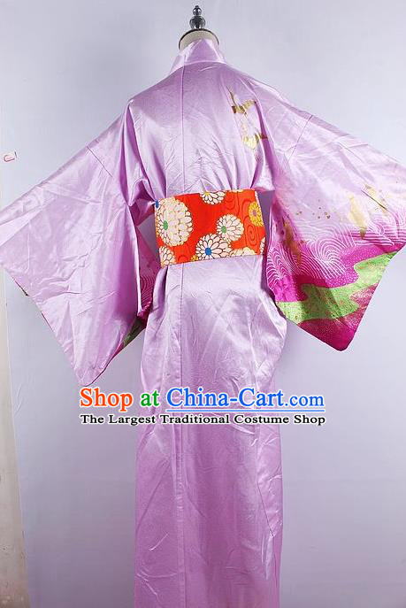 Asian Japanese Ceremony Lilac Silk Kimono Dress Traditional Japan Yukata Costume for Women