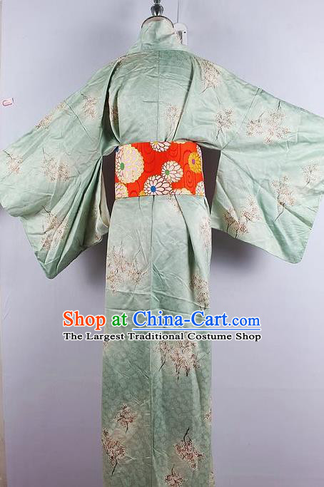 Japanese Ceremony Costume Printing Green Silk Kimono Dress Traditional Asian Japan Yukata for Women