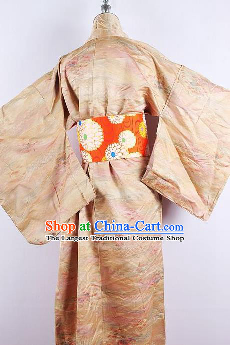 Asian Japanese Ceremony Printing Champagne Kimono Dress Traditional Japan Yukata Costume for Women