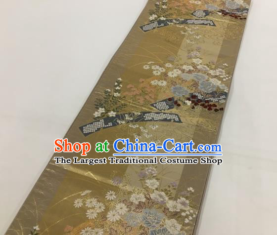 Traditional Japanese Classical Peony Pattern Dark Golden Nishijin Waistband Kimono Brocade Accessories Yukata Belt for Women